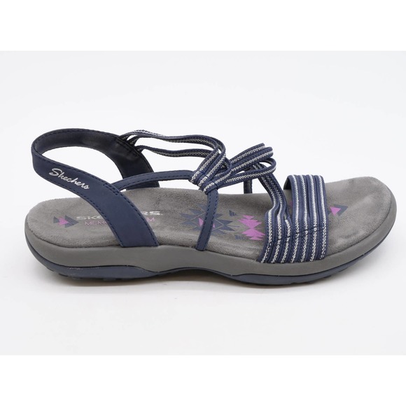 Skechers Sandals Womens 6 Slingback Blue Striped Strappy Open Toe Reggae Slim - Picture 4 of 9